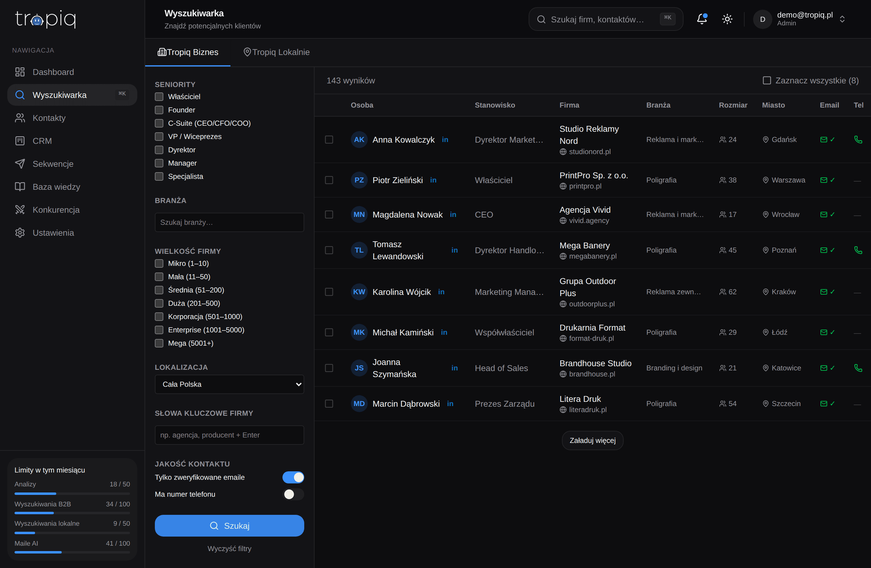 Wyszukiwarka Tropiq — filtry i lista znalezionych firm z danymi kontaktowymi