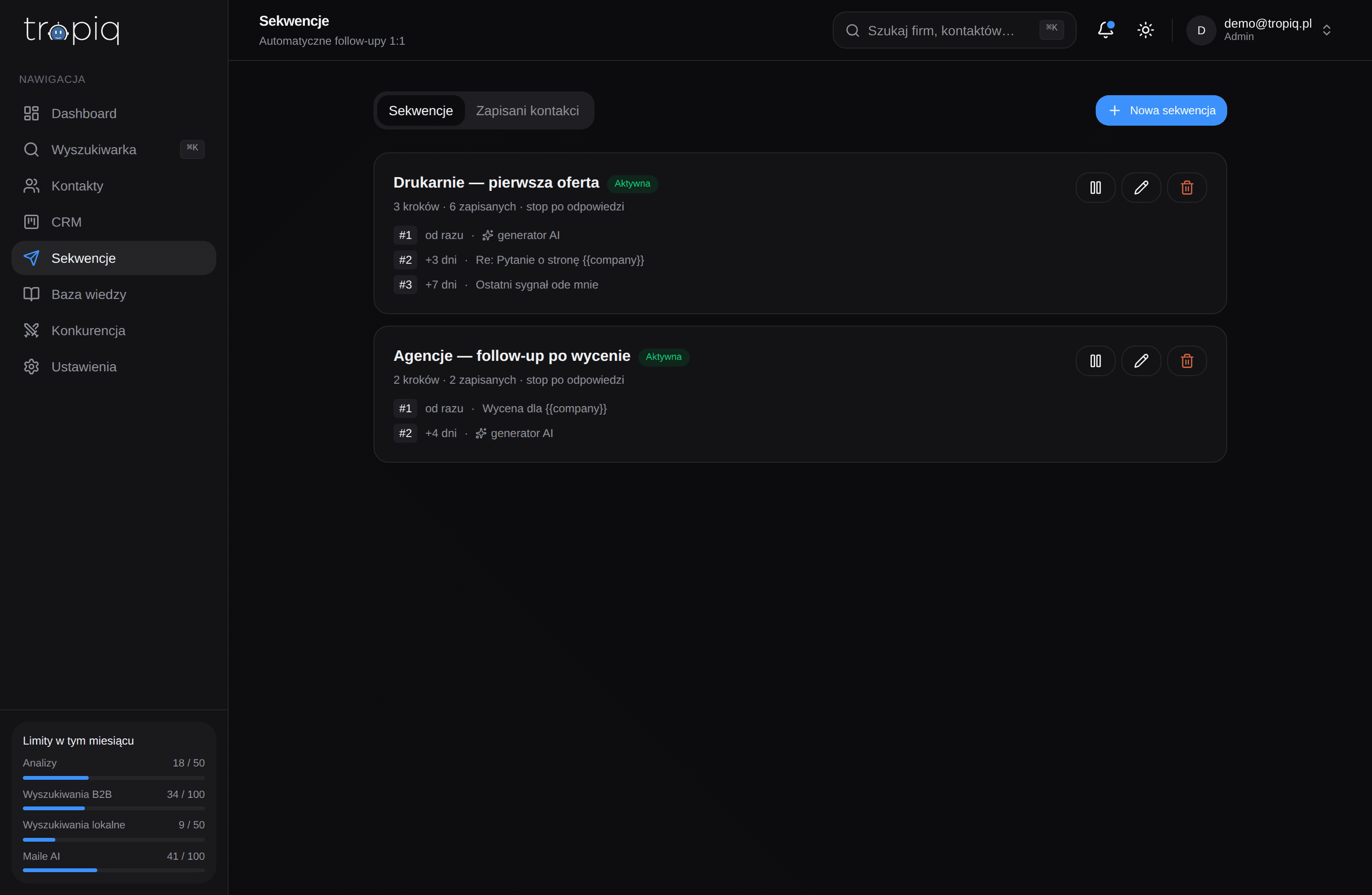 Sekwencje w Tropiq — automatyczne follow-upy i lista zapisanych kontaktów